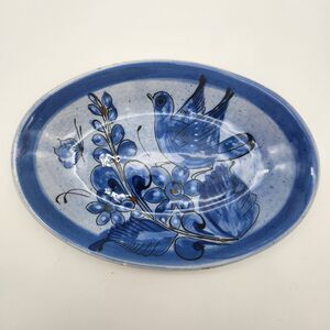 Tonala Mexico Signed 9" Oval Serving Tray Dish Cobalt Blue Bird